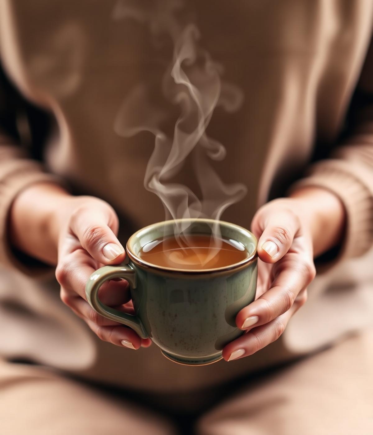 Hands holding a warm cup of herbal tea